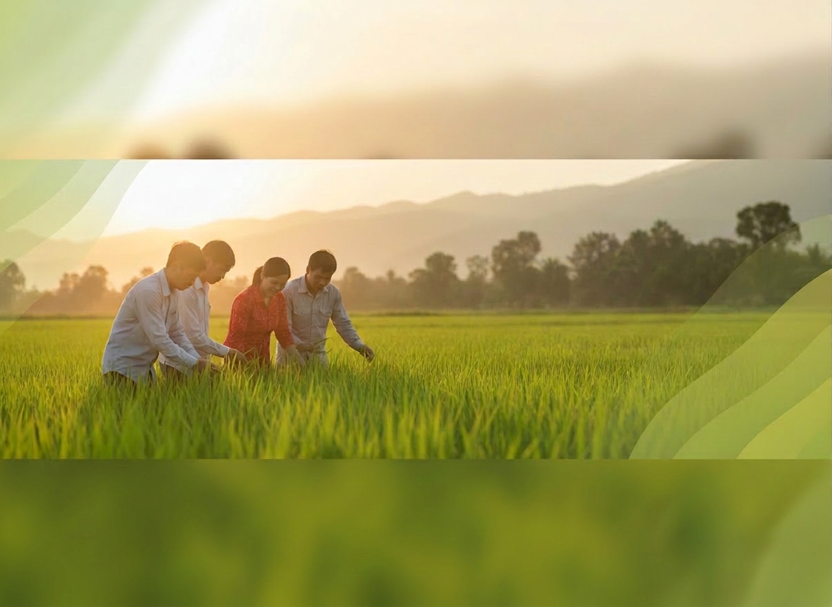 A clean, professional banner-style photo showing Vietnamese farmers inspecting healthy green crops in a field at golden hour, with subtle branded green and yellow tones that fit a fertilizer company contact section. Plenty of negative space, soft focus background, modern and trustworthy feel. A clean, professional banner-style photo showing Vietnamese farmers inspecting healthy green crops in a field at golden hour, with subtle branded green and yellow tones that fit a fertilizer company contact section. Plenty of negative space, soft focus background, modern and trustworthy feel.