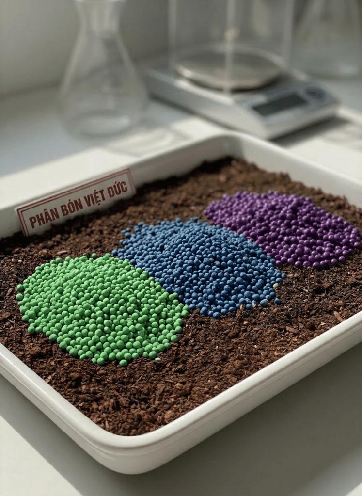 phân bón A close-up, photographic view of rich, dark brown soil in a shallow tray, with distinct zones where different granular fertilizers from “Phân Bón Miền Nam” have been applied: bright white prills, light beige granules, and small grayish pellets. Each type of fertilizer is clearly separated, emphasizing texture and uniformity. Soft natural daylight from an unseen window creates delicate highlights on the granules and subtle shadows in the soil’s surface. The background is gently blurred, suggesting a clean laboratory or testing bench. Captured from a slightly elevated macro perspective with shallow depth of field, the mood is scientific, precise, and trustworthy, highlighting quality and product differentiation in a clean, modern photographic style.